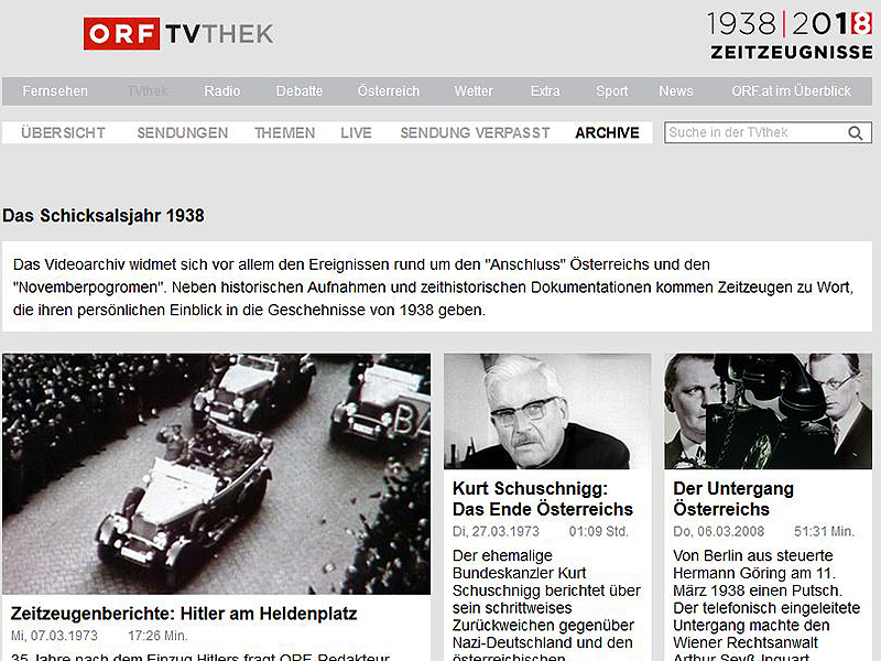 Schwerpunkt 1938 im ORF TV Thek